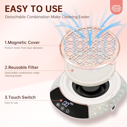 Nail Dust Collector,3500RPM Cordless Dust Collector Nail Tech with LED Display,Rechargeable Dust Suction Machine with Reusable Fillter for Acrylic Gel Polish,Salon & Home AB Diamond