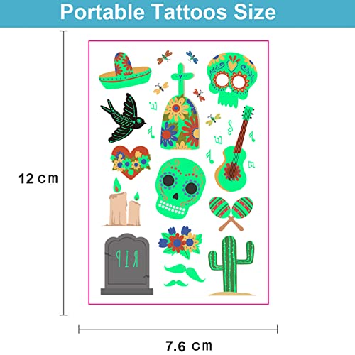 Day of the Dead Luminous Halloween Temporary Tattoo, 125PCS Waterproof Fake Face Tattoos, Body Stickers Decorations Glow in the Dark, Makeup Party Favors Supplies Decor