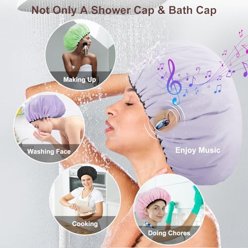 2 Pcs 13.5" Dual Waterproof Design Adjustable Terry Shower Cap for Women and Men, EVA Double Layer Bath Cap Reusable for Braids, Long Hair, Dreadlocks