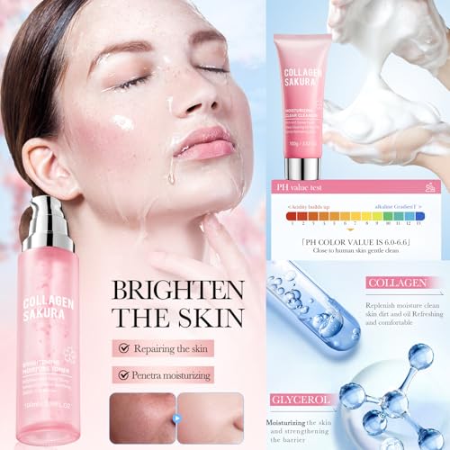 Sakura Skincare Kit, 11Pcs Skin Care Set with Cleanser, Toner, Serum, Cream, Eye Cream, Lip Balm & Masks. Skincare Gift Set for Teens & Women, Moisturize & Smooth Skin (11Pcs, Cherry)