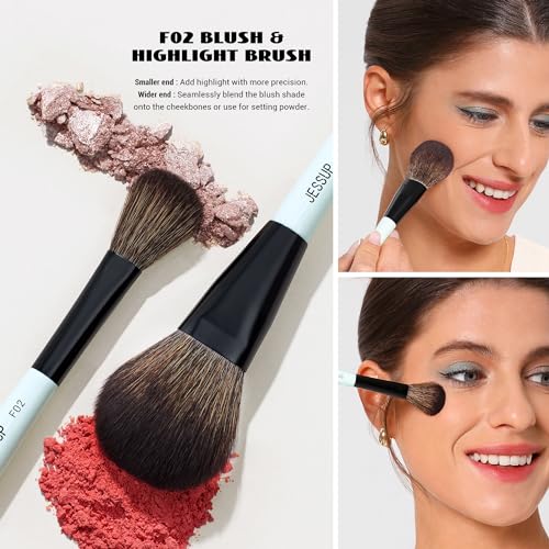 Jessup Face Makeup Brushes Blue 3pcs Double Ended Makeup Brush for Foundation Contour Blush Highlight and Concealer Brush, Premium Synthetic Brush Set T503