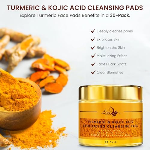 Live Healthy The Original Kojic Acid & Turmeric Cleansing Pads - Exfoliating, Brightening, Face Scrub Pad, Clears Acne - Turmeric Cleansing Pads for Dark Spots with Vitamin C - Made in USA | 30 Count