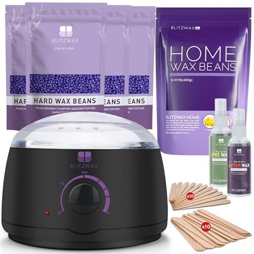 BLITZWAX Wax Warmer Hair Removal Waxing Kit with 1lb Lavender Wax Beads for Sensitive Skin/Body/Face/Bikini/Leg/Brazilian, 29 Items Wax Kit and Hard Wax Beans Refill Ideal for Women Men at Home Salon