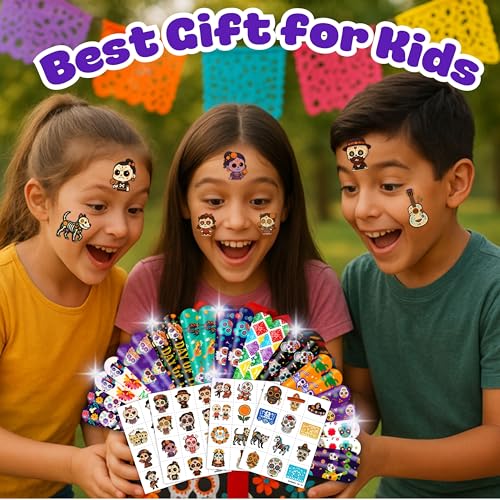 72PCS Day of the Dead Party Set | 48PCS Temporary Tattoos & 24PCS Slap Bracelets Fun D?a de los Muertos Birthday Supplies, Baby Shower Gifts, Classroom Rewards & Party Decor for Kids