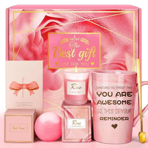 Birthday Gifts for Women, Mom, Sister, Friend: Unique Pink Self Care Spa Relaxation Baskets Set, Christmas, Holiday, Valentines Day Presents for Her, Girlfriend, Grandma, Wife, Bestie, Coworkers