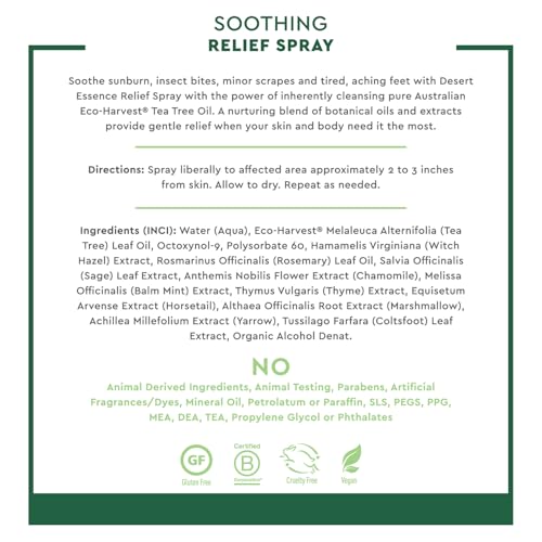Desert Essence Relief Spray - 4 Fl Oz - Antiseptic Eco-Harvest Tea Tree Oil & Other Essential Oils - Natural First Aid - Minor Burns - Sunburn - Insect Bites - Scrapes - May Comfort Aching Feet