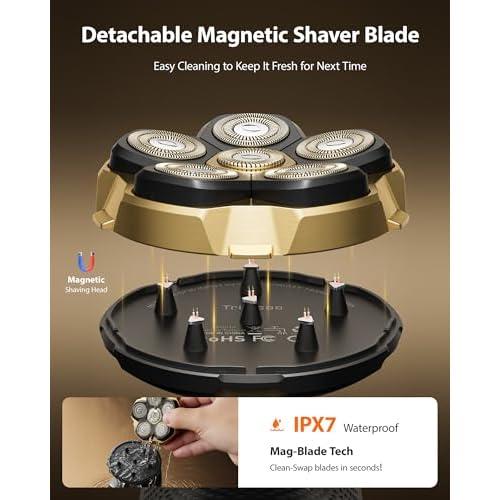 2026 NEW Head Shaver for Bald Men - Trimcoo 5-in-1 Magnetic Electric Trimmer with Titanium Blades | Gentle on Sensitive Scalp | IPX7 Waterproof, Powerful 8500 RPM, USB-C Charge & LED Display (Gold)