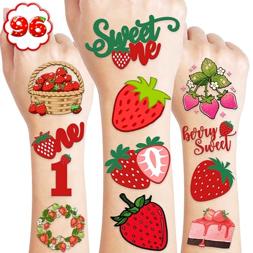 Strawberry Temporary Tattoos Berry First Birthday Party Supplies Decorations 96PCS Cute Tattoos Stickers Party Favors Kids Gifts Girls Boys Classroom School Prizes Themed (Normal)