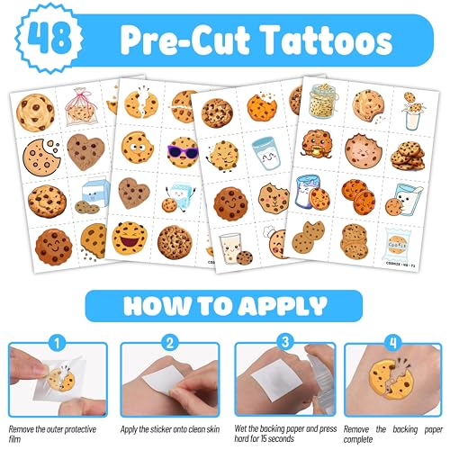 72PCS Cookie Party Set - 48PCS Temporary Tattoos & 24PCS Slap Bracelets - Fun Cookie-Themed Birthday Supplies, Baby Shower Gifts, Classroom Rewards & Party Decor for Kids (Boys & Girls)