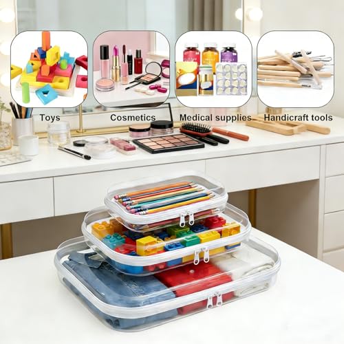 3PCS Clear Hard Shell Zipper Case,Zipper Pouches Hard Shell,Clear Toiletry Bag,Travel Makeup Bag Organizer,Toy Storage Containers,Hard Shell Plastic Case,Portable Transparent Diaper Organizers(White)