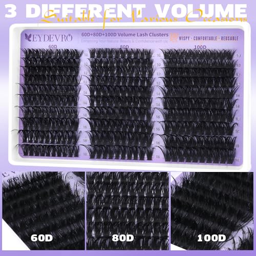 EYDEVRO Lash Clusters Kit 60D80D100D Volume Lash Extension Kit Wispy Cluster Eyelash Extensions Eyelash Extension Kit 10-18mm D Curvature Cluster Lashes with Lash Bond and Seal Tweezers Brushes