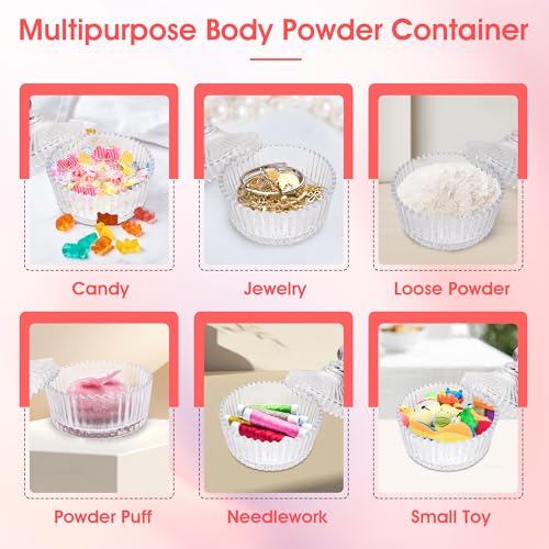 4Pcs Body Powder Puff and Container, 5.31" Crystal Powder Container with 3 Soft Large Powder Puffs, Dusting Powder Container with Puff for Face and Body, Washable Reusable Makeup Puff
