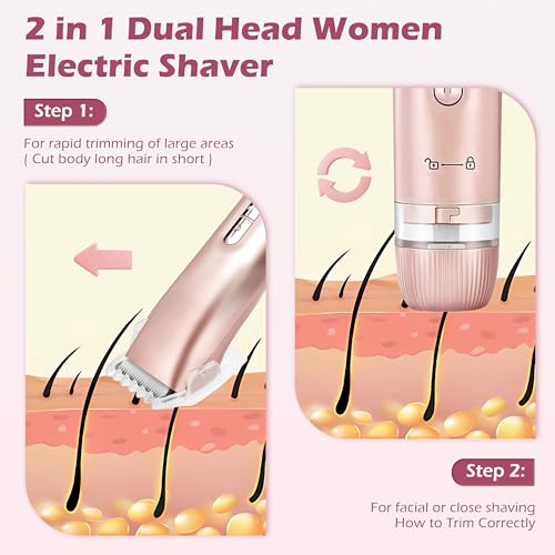 2 in 1 Dual Head Bikini Trimmer for Women, Women Electric Shaver IPX7 Waterproof Wet & Dry Use Body Hair Trimmer and Facial Hair Remover Cordless Body Shaver for Bikini Underarm Leg Arm Face