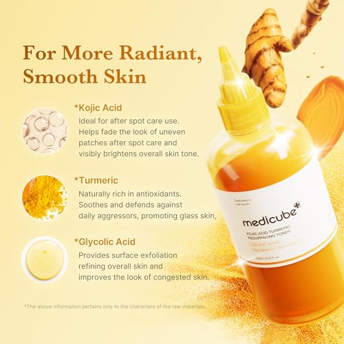medicube Kojic Acid Turmeric Smoothing Toner for Face & Body | Lightweight Toner for Balancing Uneven Skin Tone & Texture | Niacinamide, Glycolic Acid for Clear Glass Skin | 8.45 fl.oz
