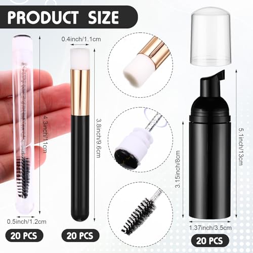 Yaomiao 130 Pcs Lash Shampoo Bottle Brushes Set 20 Foam Pump Dispenser 20 Cleaning Brush 20 Eyelash Extension Spoolies Tube 20 Instructions Cards 20 Aftercare Bags 20 Facial Sponge(Black)