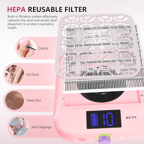 BETE Cordless Nail Dust Collector, 1800PA Powerful & Quiet Suction for Acrylic Nails Polishing, Rechargeable 6600mAh Battery with LED Display & Adjustable Speed, Perfect for Salon and Home Use, Pink