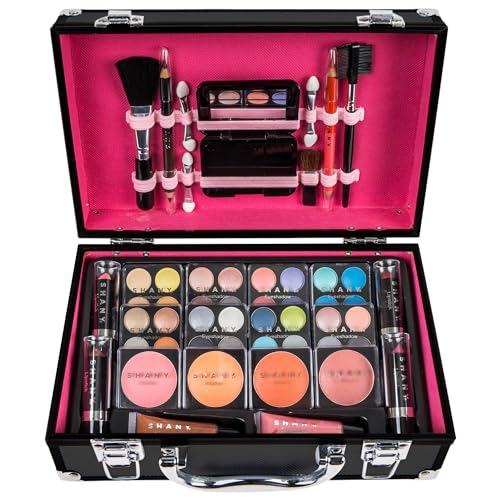 SHANY Carry All Make up Train Case with Pro Makeup Set, Beauty Brushes, Lipsticks, Eye Shadows, Blushes, Powders, and more - Reusable Cosmetics Storage Organizer - Premium Gift Packaging - Black
