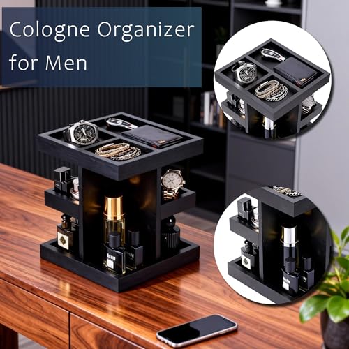 3-Tier Men's Cologne Organizer Stand - Black Wood Perfume Display & Storage for Desk or Nightstand, Gift for Husband