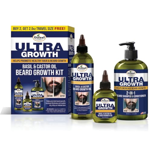 Difeel Men's Ultra Growth Beard Care 3-PC Gift Set for Men - Includes 2-in-1 Beard Shampoo & Conditioner 12oz, Beard Growth Oil 8oz, and Bonus Travel Size Beard Oil