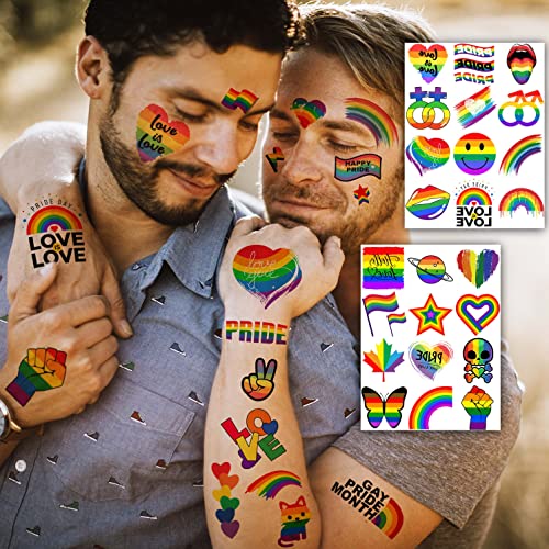 136+ PCS Gay Pride Tattoos For Women Men Adults, LGBT Rainbow Temporary Tattoos Pride Face Stickers, Temp Bulk Flag LGBTQ Fake Tattoos, Rainbow Pride Accessories Equality Parades Party Celebrations