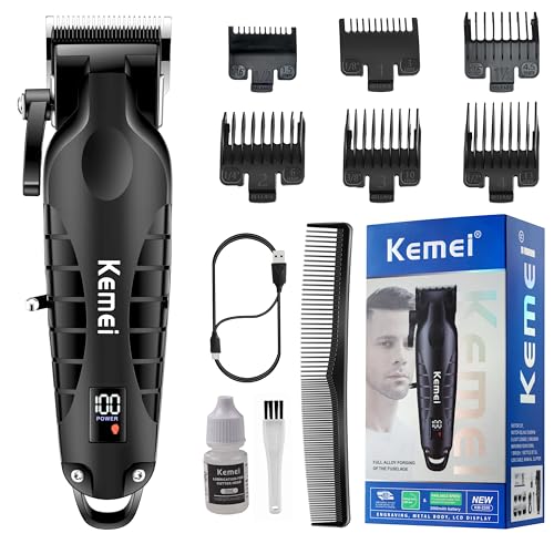KEMEI 2290 Professional Hair Clippers for Men Cord/Cordless Hair Cutting Kits, Hair & Beard Trimmer, T Blade Barber Clipper with LED Display & USB Rechargeable, Black