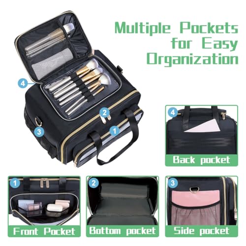 Large Makeup Bag for Women, Travel Toiletry Bag with 2 Removable Pouches, Wide-Open Design for Toiletries, Cosmetics, Brushes & Beauty Tools (Black)
