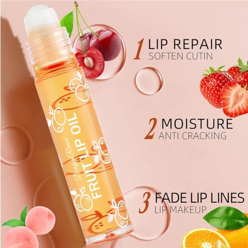 6Pcs Roll-On Lip Gloss Set,Fruit Flavored Roll On Rollerball Lip Oil,Transparent Plumping Lip Gloss,Non Toxic Lip-Makeup Set
