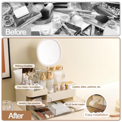 DASITON Makeup Organizer with Rechargeable Mirror and 3 Drawers,Skincare and Cosmetics Organizer Countertop,Makeup Brush Holder,Large Cosmetic Display Case for Vanity,Desk,Bathroom,Bedroom(Cream)