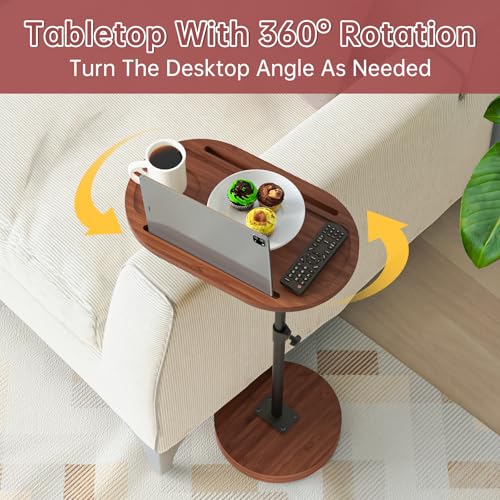 NiHome Bamboo Swivel Sofa Armrest Tray Table for Couch with Thickened Stable Base, Adjustable Height TV Tray Side Table with 360¡Æ Rotating for Bath Tub Hot Tub Bedside Balcony, Brown