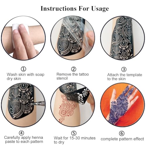 Pack of 9 Henna Tattoo Stencil Kit,Reusable Mehendi Stencils Templates for Hand Forearm Indian Arabian Temporary Tattoo Stickers