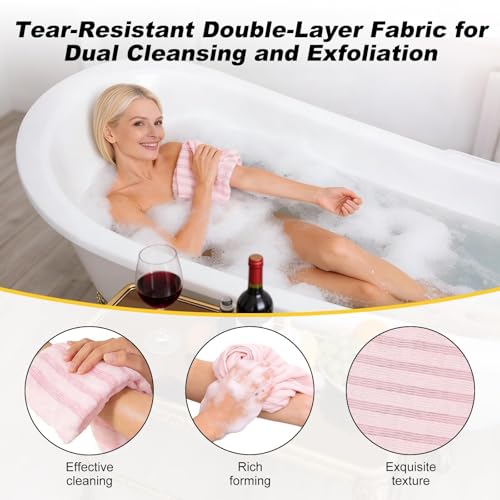 Blissal 2-in-1 Exfoliating Shower Towel,47" Advanced Exfoliating Microfiber Towel, Premium Scrub Wash Cloth for Body Face,Travel Friendly, Quick Drying Travel Bath Washcloth (Black+Pink)