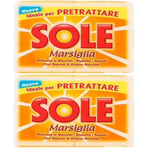 Sole:"Sole Marsiglia" Marseille Laundry Soap for Pre-Treating 8.8 Ounce (250gr) Soaps (Pack of 4) [ Italian Import ]