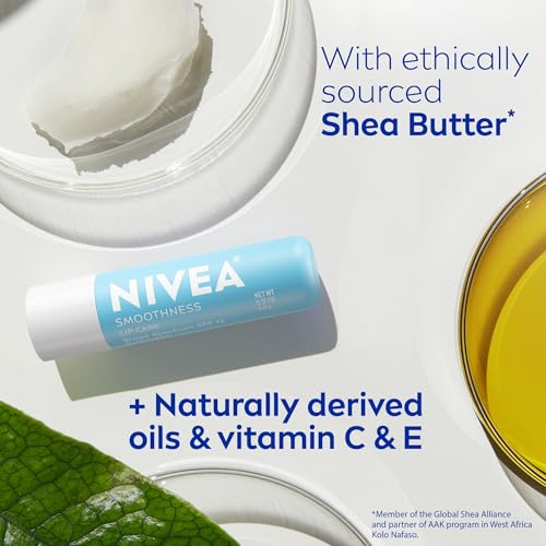 NIVEA Smoothness Lip Care, Sunscreen Lip Balm with SPF 15 Broad Spectrum, Shea Butter, Nourishing Oils and Vitamin C & E, 3-in-1 Moisture, Repair (for Dry Lips) and Sunscreen, 0.17 Oz Stick