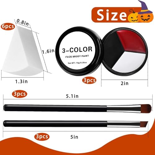 EBaokuup 3 Set Black White Red Face body Paint,3 Colors Clown Makeup Kit with Sponge and Brush,Joker Face Body Paint for Halloween Cosplay,Special Effect Makeup and Costume-Themed Party