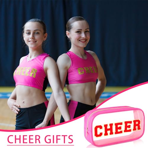 Abbylike Cheer Clear Makeup Letter Bag Cosmetic Zipper Cheers Pouch Chenille Patch Cheerleader Gifts Preppy Cheer Accessories Nylon Handmade Toiletry Bags for Cheerleading Women Girls Gifts, Rose Red
