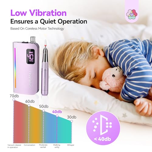 SAVILAND Advance Nail Drill Professional: 40000 RPM Powerful Torque Electric Nail File Low Vibration with Rainbow Light 15H Long Battery Life Coreless Motor Quiet for Quick Acrylic Removal PRO Salon