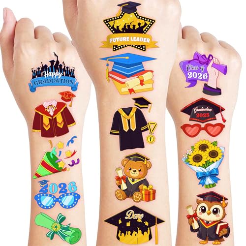 96 PCS Happy Graduation Temporary Tattoos for Kids - Pre-Cut Cute Grad Congrats Designs for Graduation Theme Parties, Fun Birthday Party Supplies Decorations Favors (Graduation-VT1)