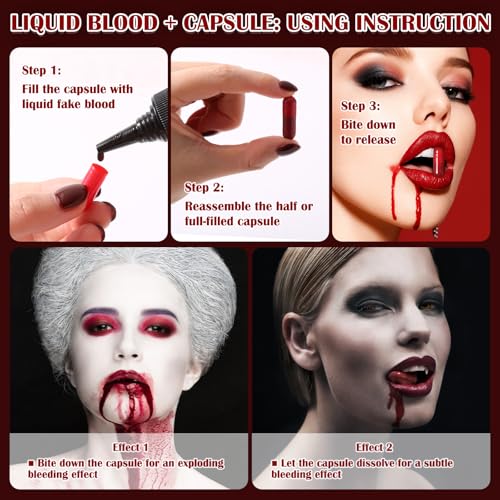 BOBISUKA Halloween Fake Blood Kit, 1.76oz Blood Spray + 1.76oz Dripping Blood + 10 Fillable Empty Capsules, Realistic Washable Fake Blood Makeup for Mouth Clothes Zombie Vampire Monster SFX Cosplay