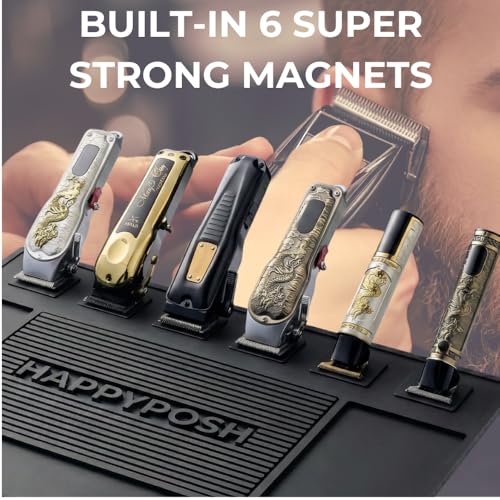 Magnetic Barber Mat for Clippers, Large Professional Barber Station Mat with 6 Strong Magnets, Non-Slip Rubber Barber Tool Organizer for Salon Stations, 20" x 14" Black