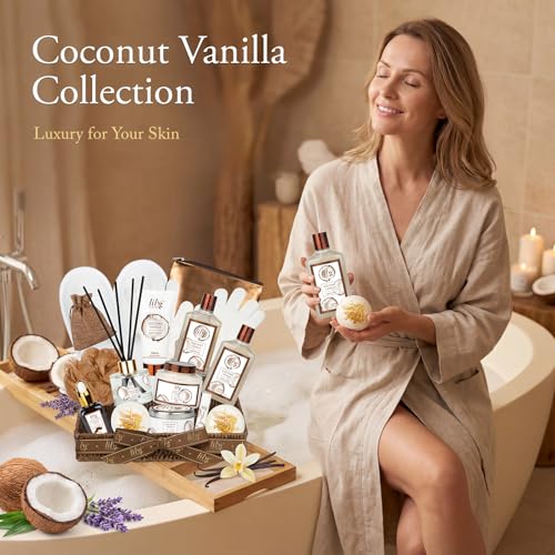 Bath and Body Gift Basket Set for Women - Coconut Vanilla Gift, Spa Gift Basket 17-Piece Bath Gift Set Self Care Gift for Mothers Day, Fathers Day, Birthday, Christmas Gifts, Valentines Day Gifts