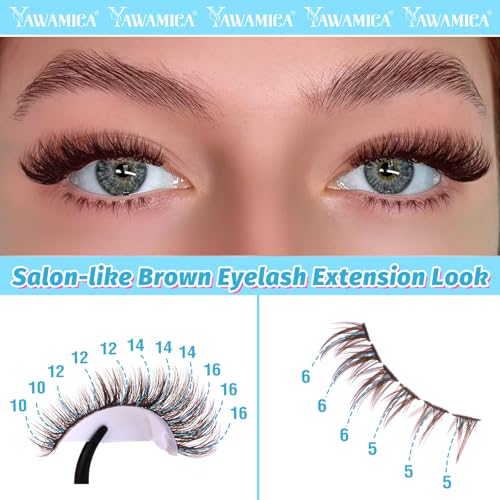 Yawamica Brown Lash Clusters Kit Fluffier Wispy Eyelash Extension Kit with Bottom Lashes 40D Volume Eyelash Clusters 10-16mm Individual Lashes with Brown Bond and Seal and Tweezers DIY Lash
