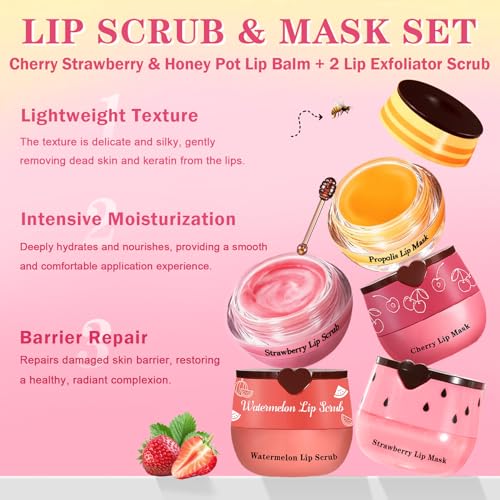 5PCS Lip Scrub and Mask Set,Cherry Strawberry and Honey Pot Lip Balm,2PCS Lip Exfoliator Scrub and Moisturizer,Clean and Repair,Reduce Fine Lines,Natural Ingredients,Cruelty Free