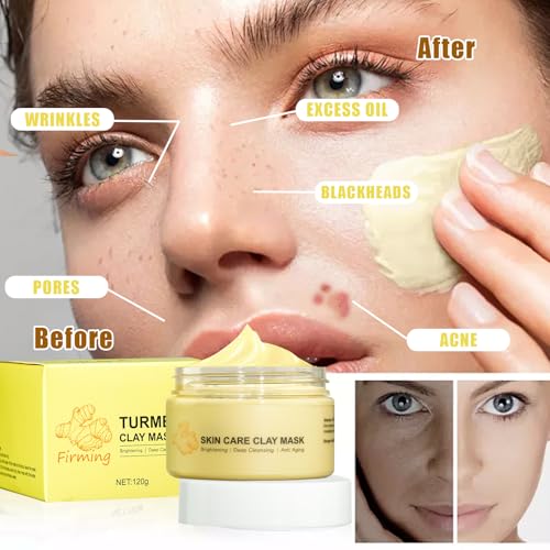 Turmeric Clay Mask & Serum Skincare Kit, Vitamin C Deep Cleansing Overnight Face Mask for Pores, Turmeric Face Oil for Dry Skin