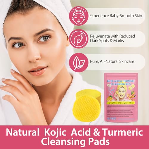 80 PCS Kojic Acid and Turmeric Cleansing Pads,Turmeric Cleansing Pads for Face Remove Excess Keratin,Balance Skin Oil And Water