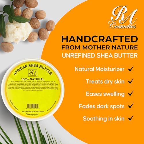 RA Cosmetics 100% Pure African Shea Butter, Golden - Unrefined, Raw African Luxury Head-to-Toe Moisture Miracle for Radiant Skin and Luscious Hair - Sourced from Ghana - 16 oz Jar