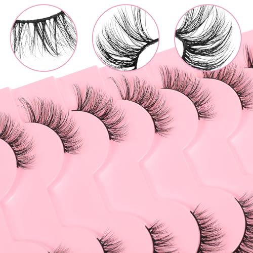 Half Lashes Natural Look Wispy Cat Eye Lashes, 10 Pairs Fluffy 3D Faux Mink Eyelash Fox Eye Lashes Curly Lash Short Strip Fake Eyelashes (BY08, 8-12MM)