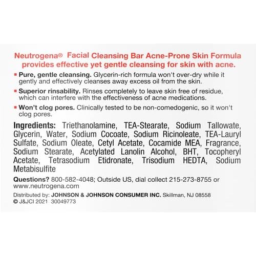 Neutrogena Facial Cleansing Bar for Acne-Prone Skin,Gentle Non-Medicated Daily Cleanser,Non-Comedogenic Transparent Soap with Glycerin,No Dyes or Detergents,3.5 oz,(Pack of 3)