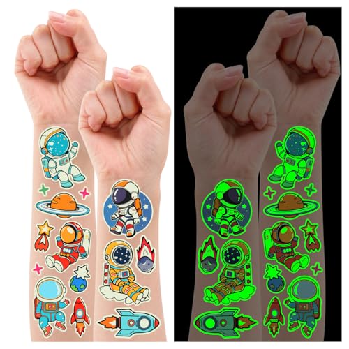 Partywind Glow Space Tattoos for Kids, 150 Styles Luminous Spaceship Planets Astronaut Fake Tattoo Stickers for Space Birthday Party Supplies, Cute Goodie Bag Stuffers for Boys