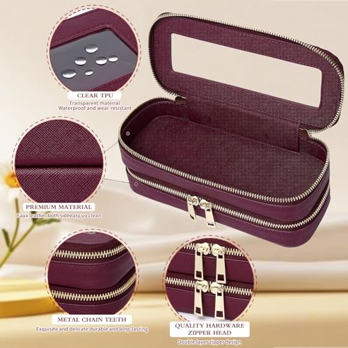 Pinkmik Double Layer Makeup Bag Makeup Brush Case Waterproof Travel Cosmetic & Toiletry Bag Purse Organizer and Car Essentials for Women (X/Burgundy, Double SLIM)