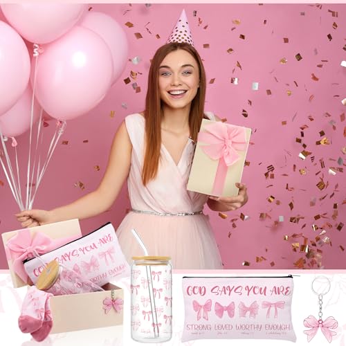 Boao 5 Pcs Pink Coquette Gift Set with Glass Cup, Socks, Cosmetic Bag Keychain Coquette Stuff Thank You Gift Box for Girls Women